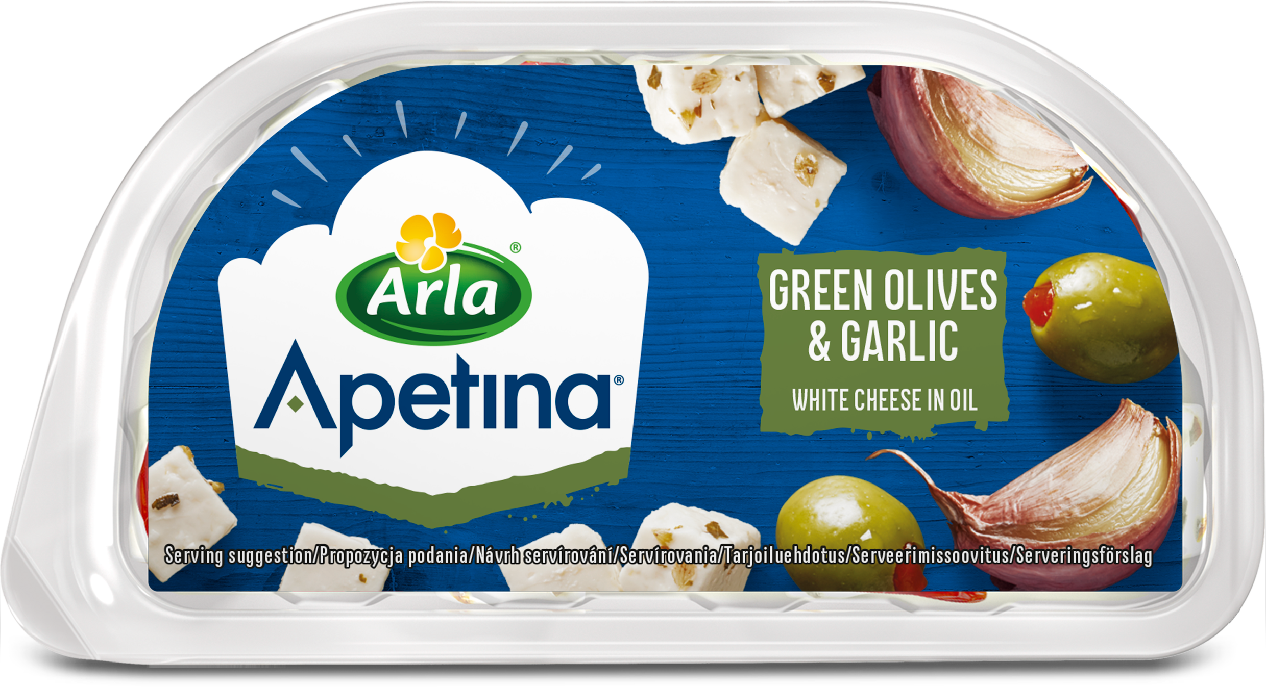 Apetina® Green Olives & Garlic 100 g i terninger, gjerne med urter og krydder i olje